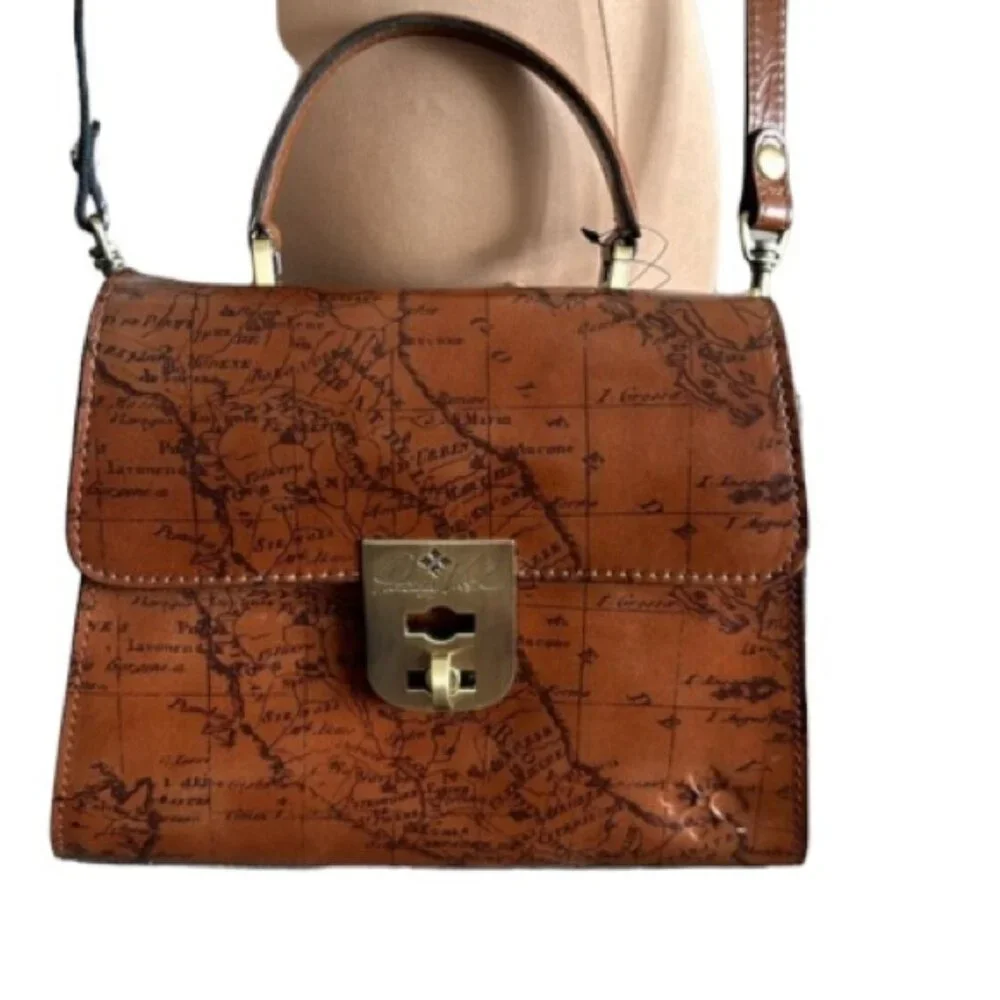 Patricia Nash Chauny Riot Rust Map Print Leather Crossbody Handbag Top Handle e